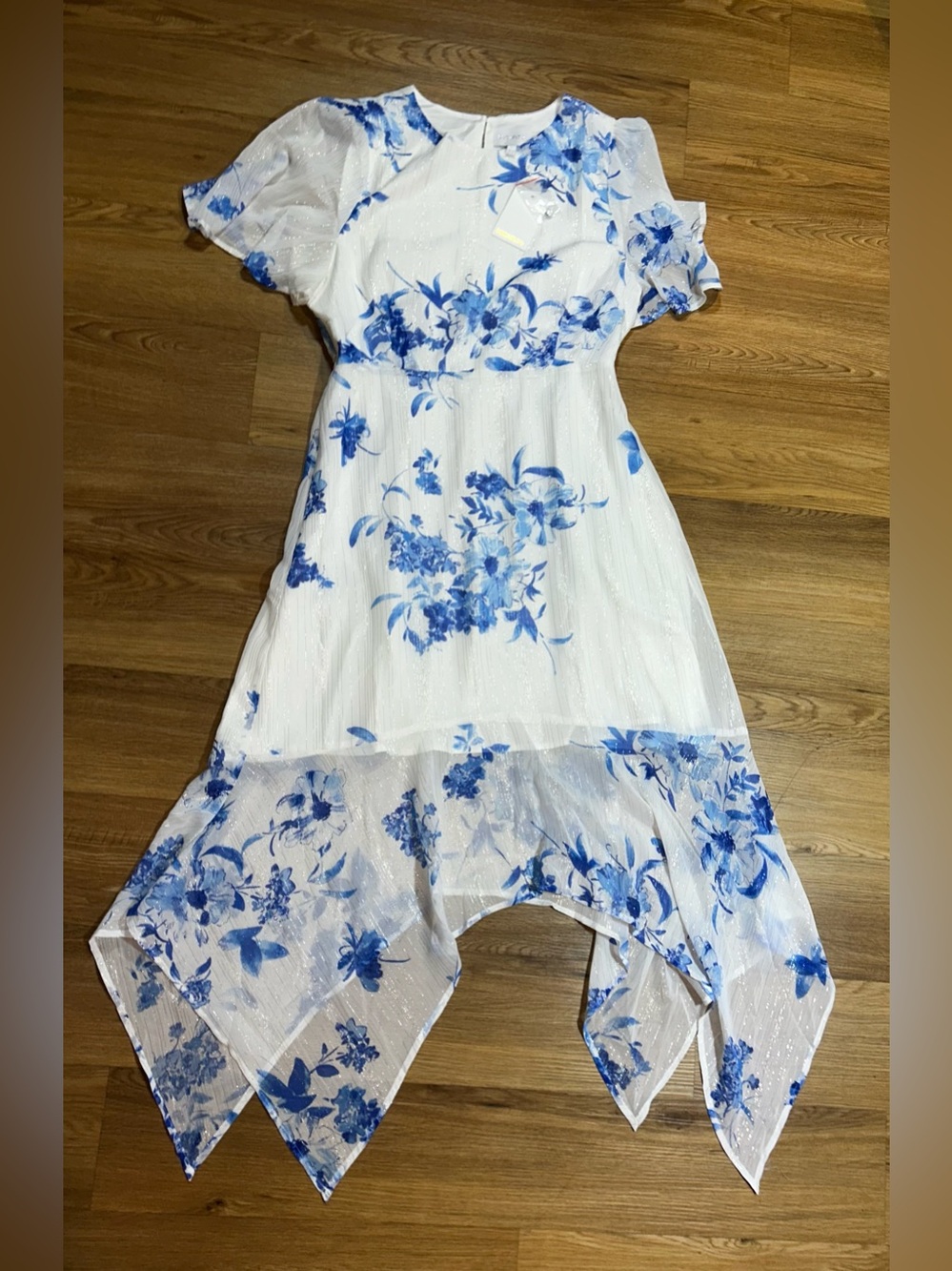Sugarlips White Dress with Blue Floral Handkerchief Hem